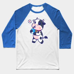 Cute Cow Drinking Milk Cartoon Baseball T-Shirt